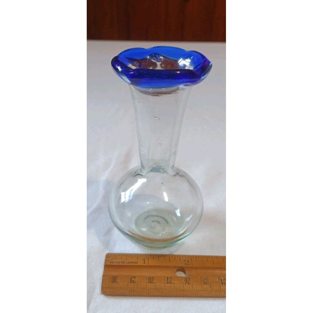 Vintage Hand Blown Clear Glass Bud Vase Cobalt Blue Ruffled Rim Bulbous Base MCM